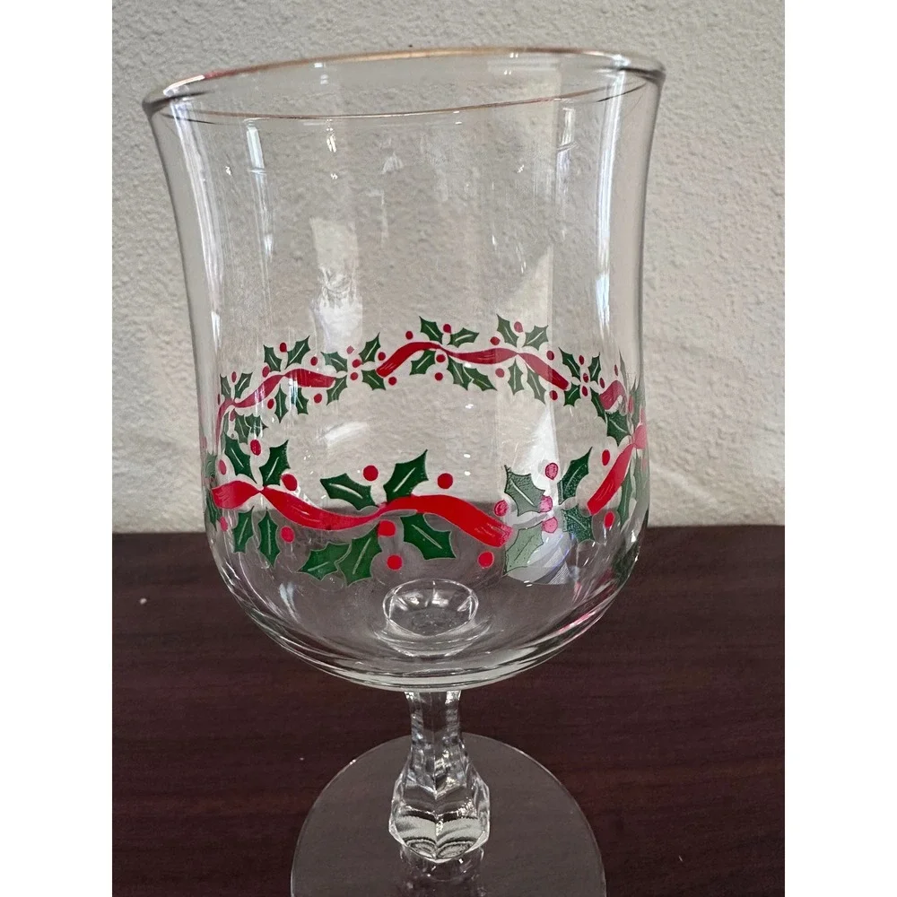 Vintage Christmas Holly Ribbon Wine Goblets Gold Rim Stemware Set of 4 Glasses